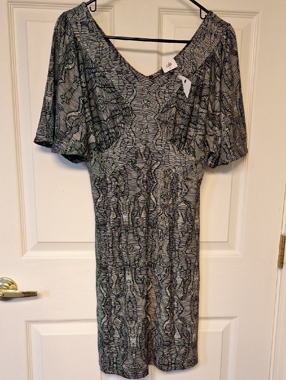 CAbi Black and Gray V-Neck Midi Dress with Flutter Sleeves